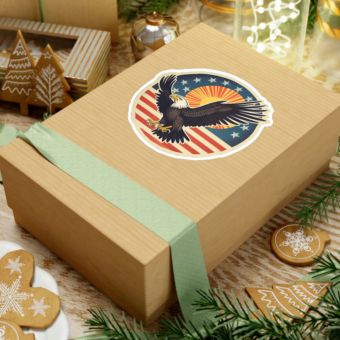 4th of July Sticker: Patriotic American Flag with Majestic Bald Eagle Kiss-Cut Vinyl Decal