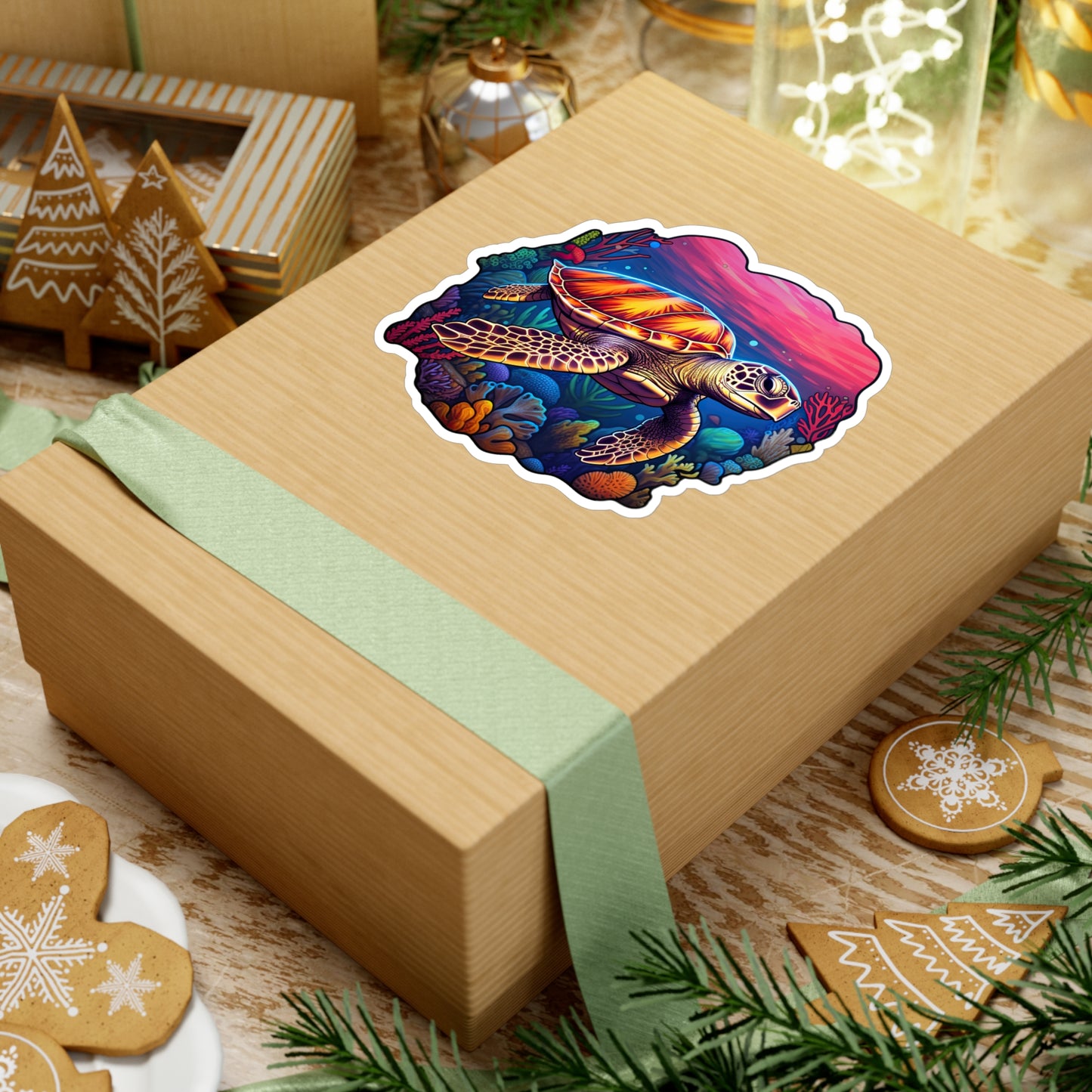 Anime-inspired Hawksbill Turtle in Coral Reef Sticker