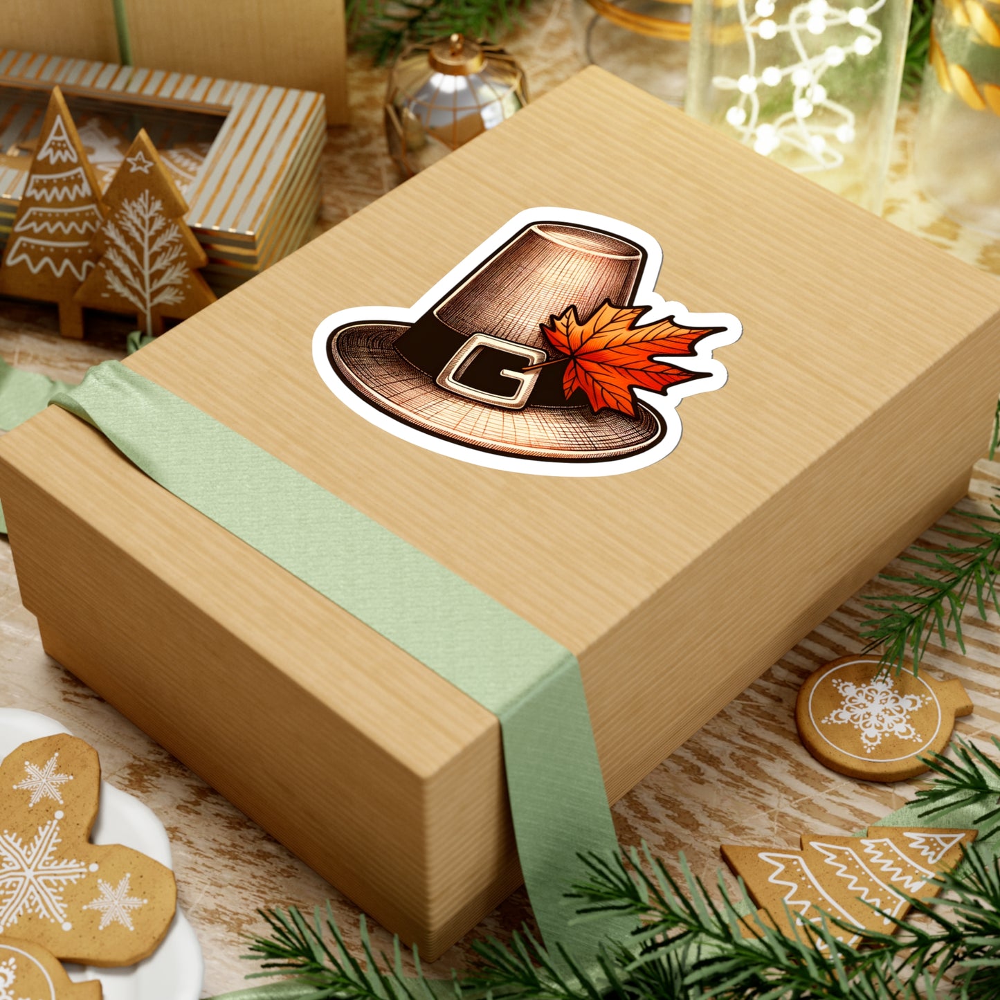 Festive Pilgrim hat + autumn leaf. Thanksgiving vibes! Sticker