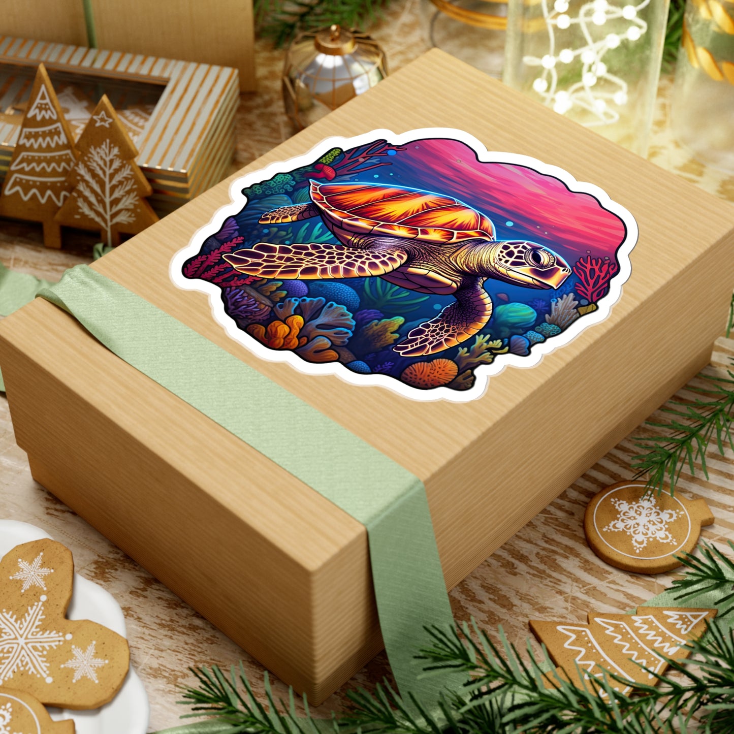 Anime-inspired Hawksbill Turtle in Coral Reef Sticker