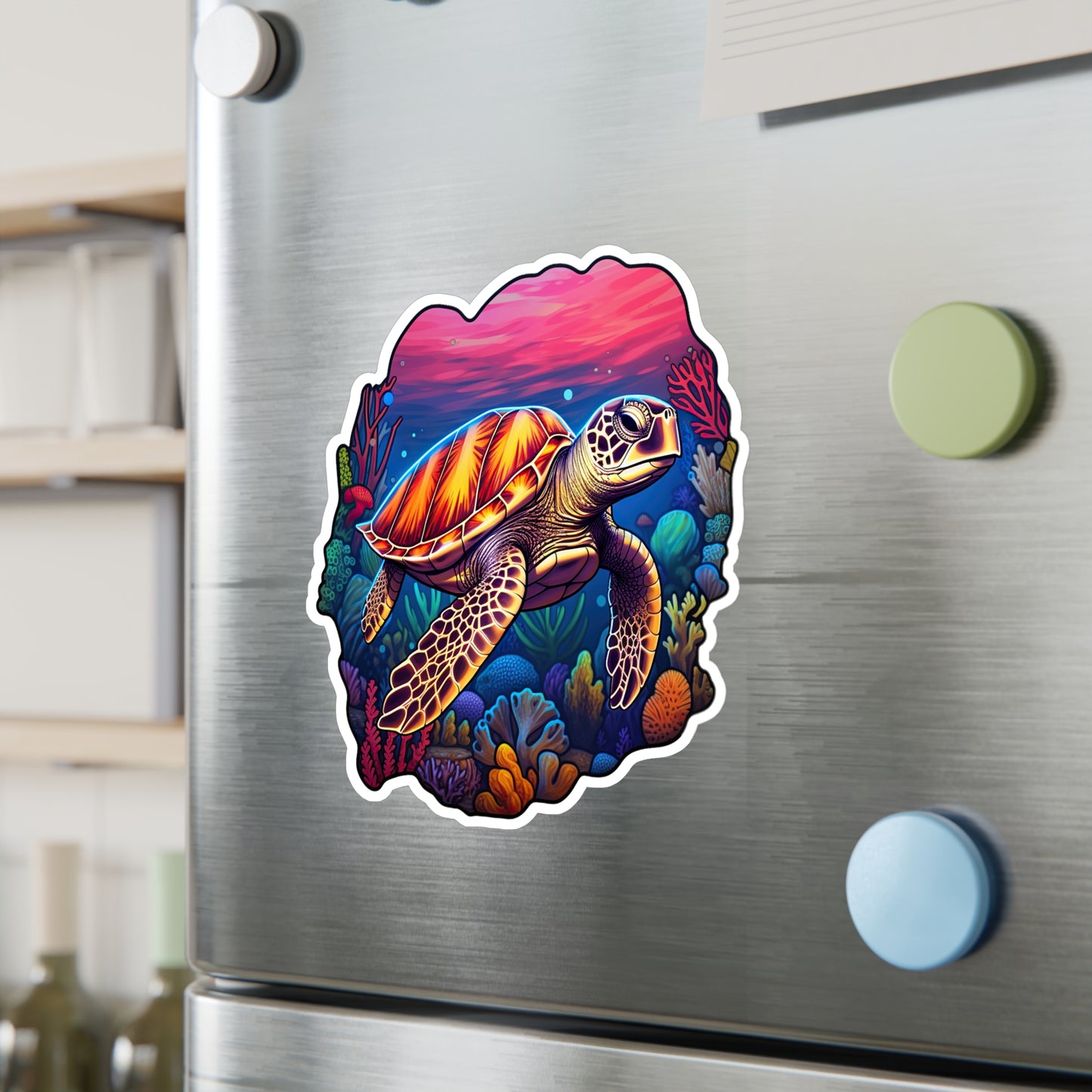 Anime-inspired Hawksbill Turtle in Coral Reef Sticker