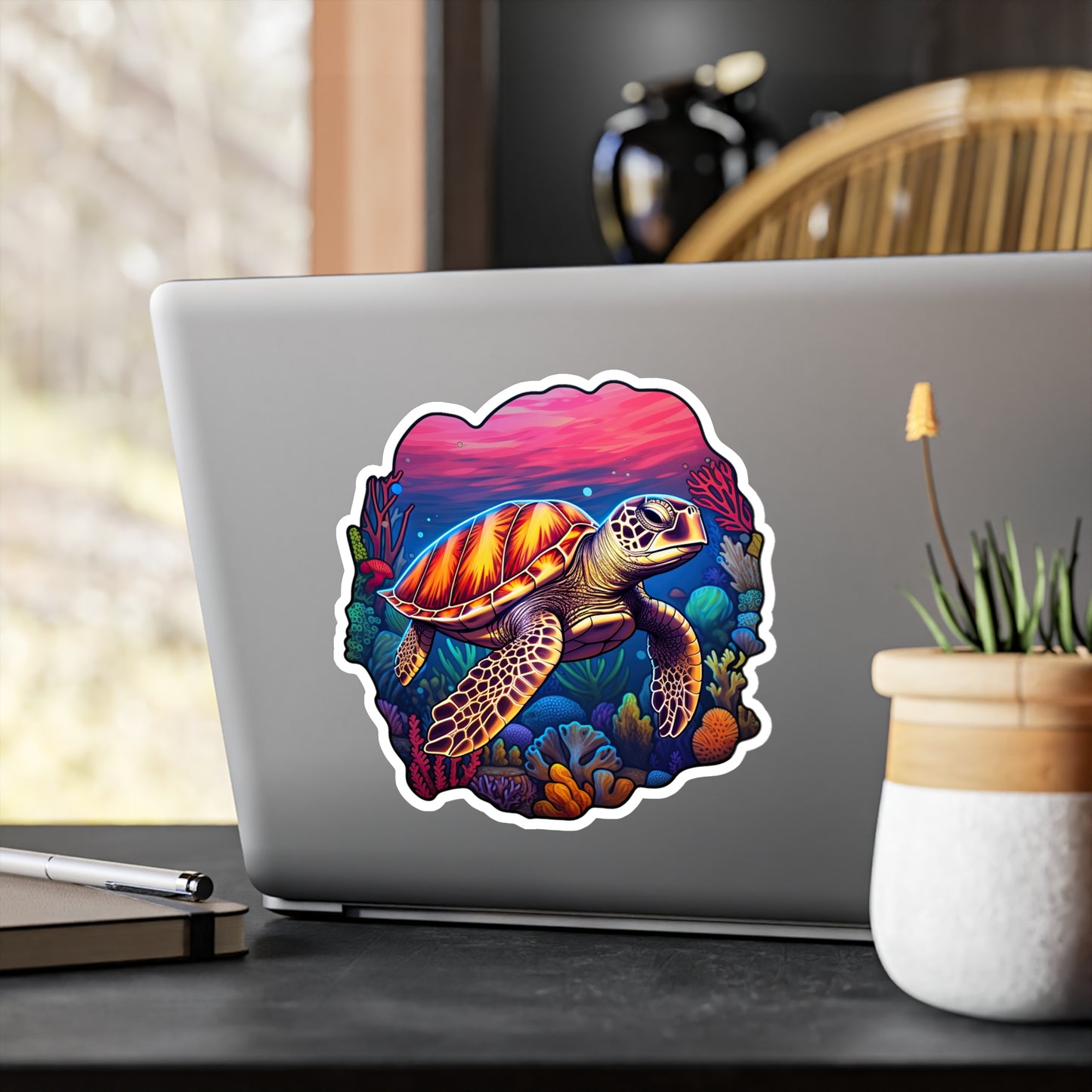 Anime-inspired Hawksbill Turtle in Coral Reef Sticker