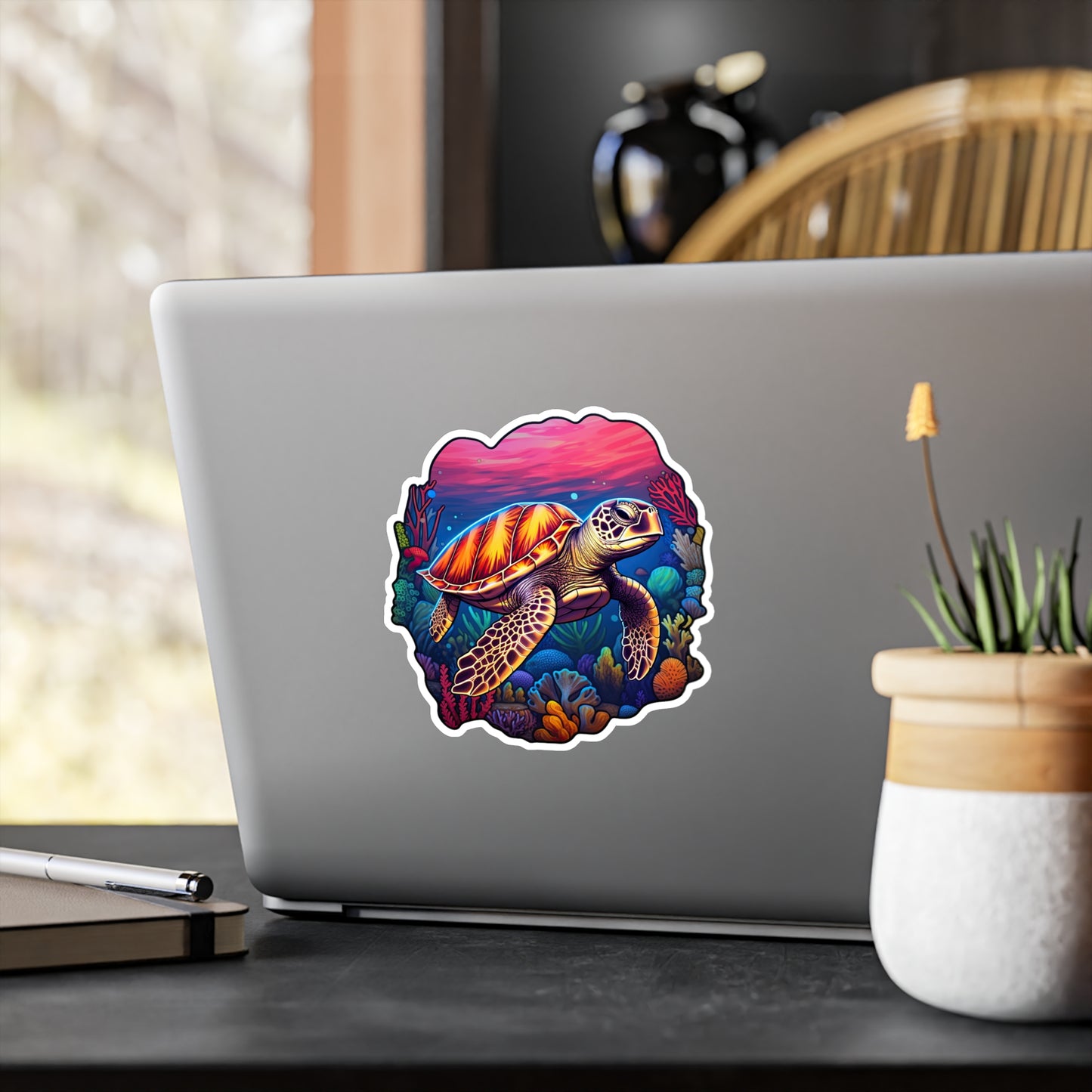 Anime-inspired Hawksbill Turtle in Coral Reef Sticker