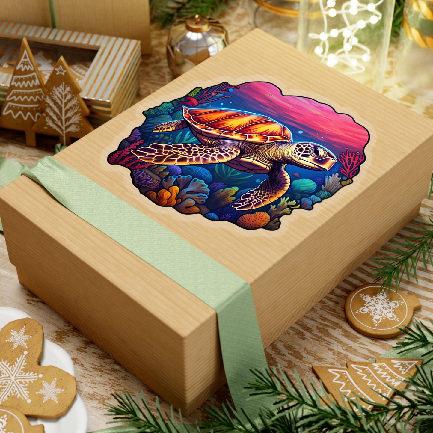 Anime-inspired Hawksbill Turtle in Coral Reef Sticker