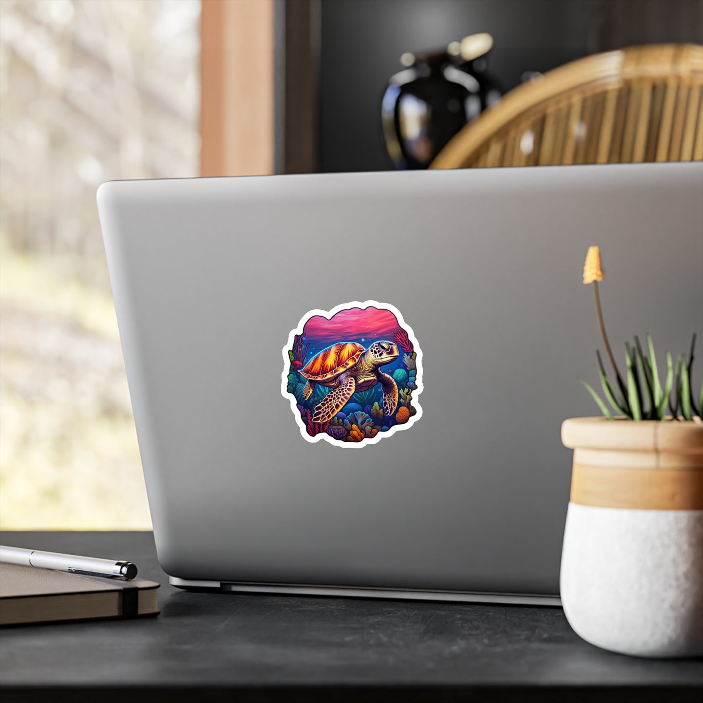 Anime-inspired Hawksbill Turtle in Coral Reef Sticker