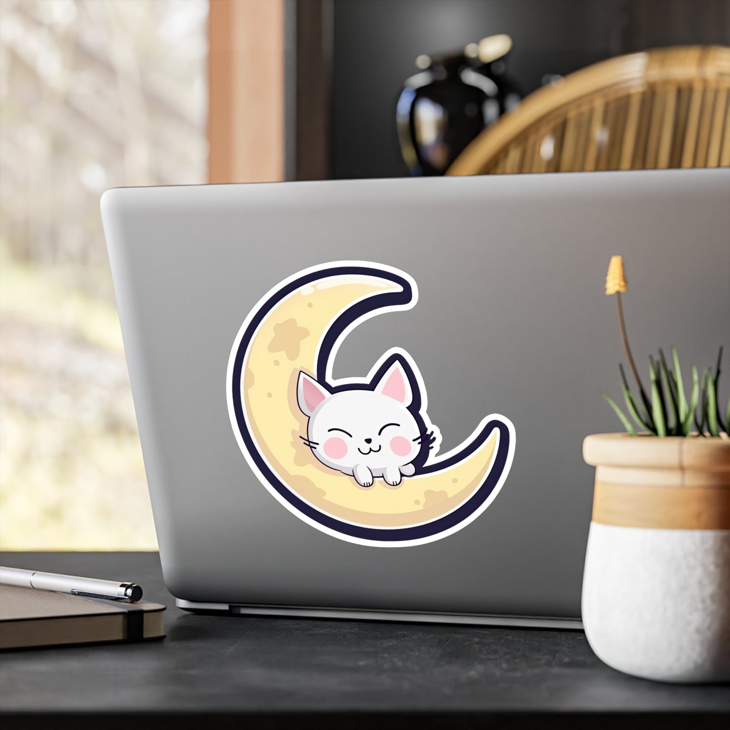 Adorable Cat on Moon Sticker - Perfect for Cat Lovers & Space Enthusiasts - Get Yours Now!