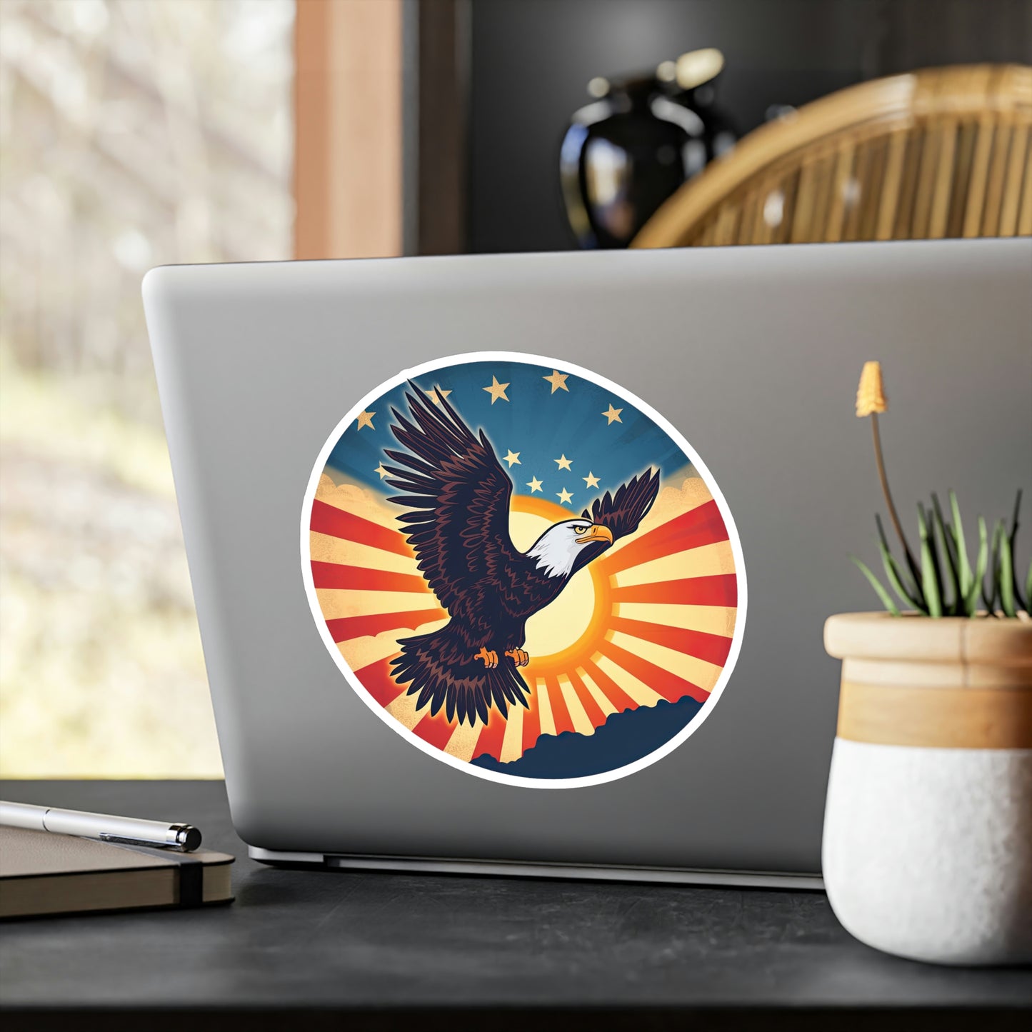 4th of July Sticker: Patriotic American Flag with Majestic Bald Eagle Kiss-Cut Vinyl Decal