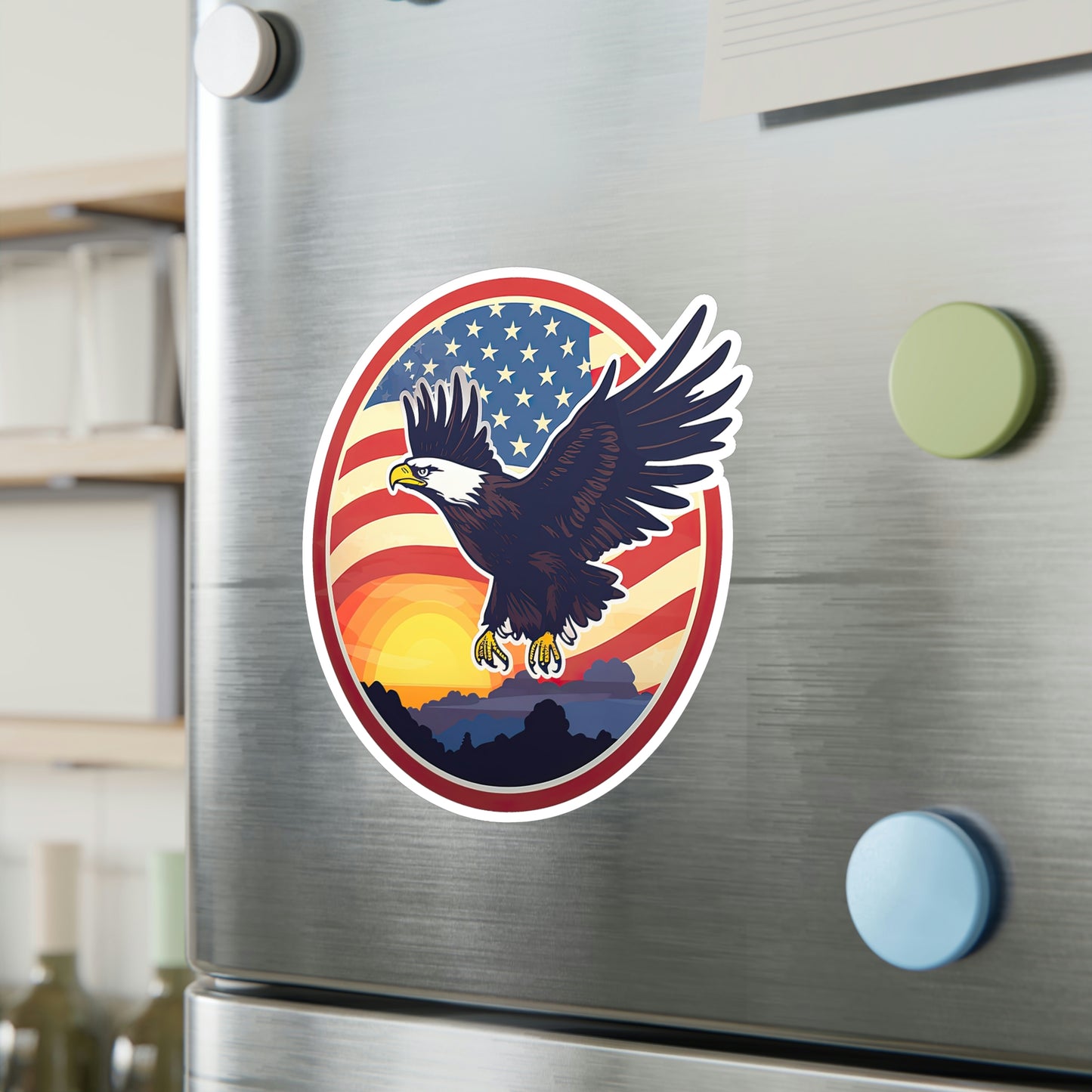 4th of July Sticker: Patriotic American Flag with Majestic Bald Eagle Kiss-Cut Vinyl Decal