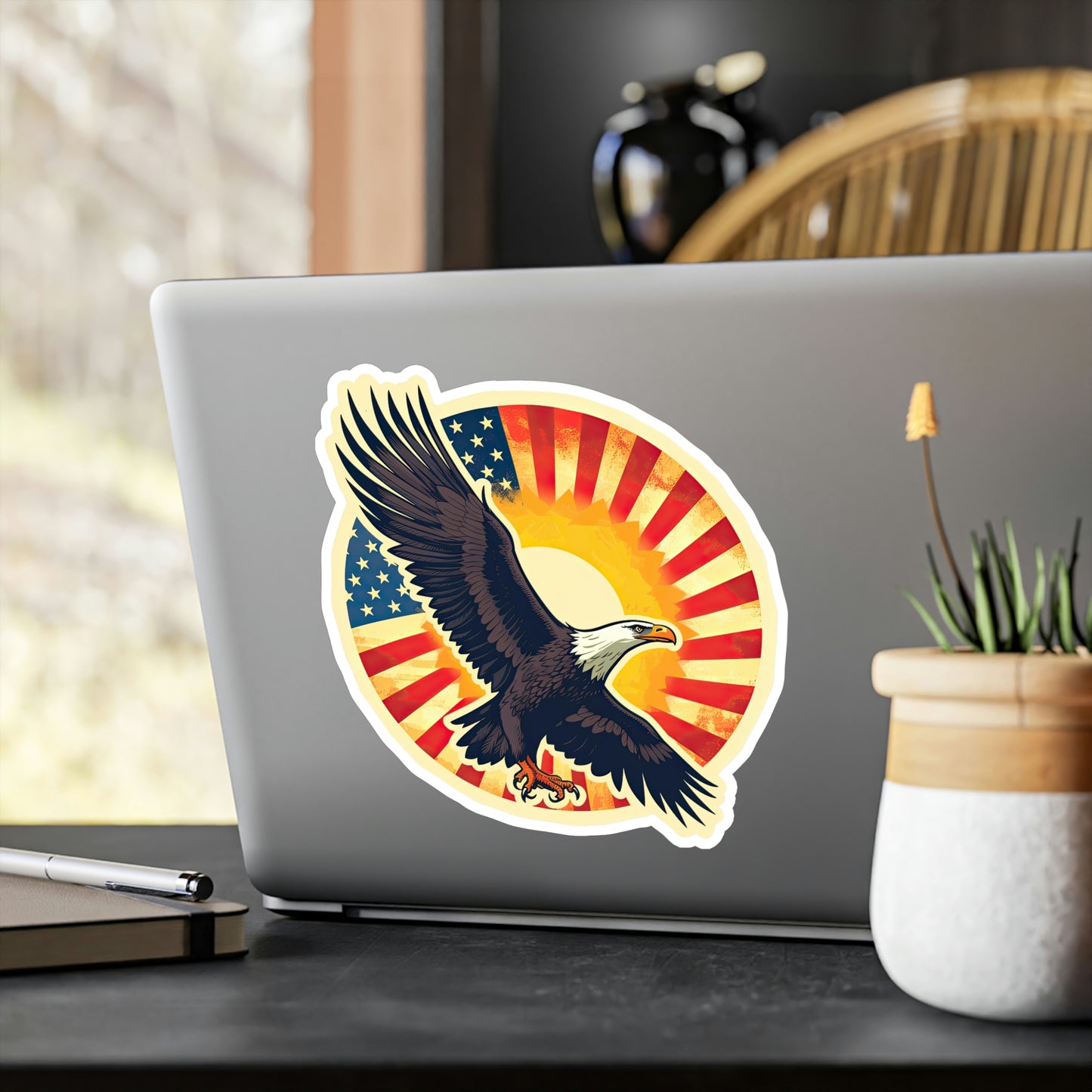 4th of July Sticker: Patriotic American Flag with Majestic Bald Eagle Kiss-Cut Vinyl Decal