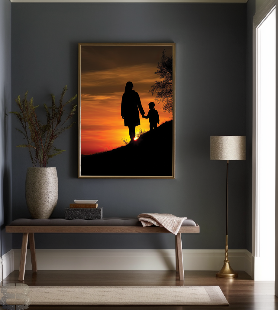Mother and Son Sunset Silhouette Digital Download - Heartwarming Wall Art Instant Print, Multiple Ratios, High-Quality PNG Format