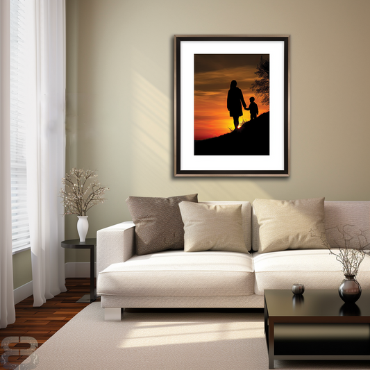 Mother and Son Sunset Silhouette Digital Download - Heartwarming Wall Art Instant Print, Multiple Ratios, High-Quality PNG Format