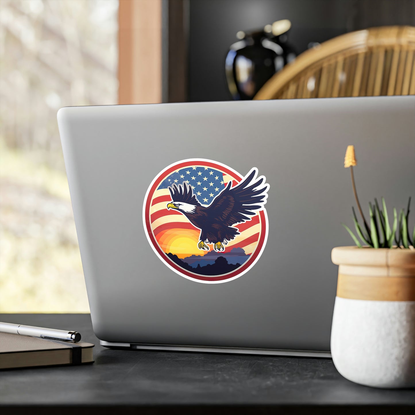 4th of July Sticker: Patriotic American Flag with Majestic Bald Eagle Kiss-Cut Vinyl Decal