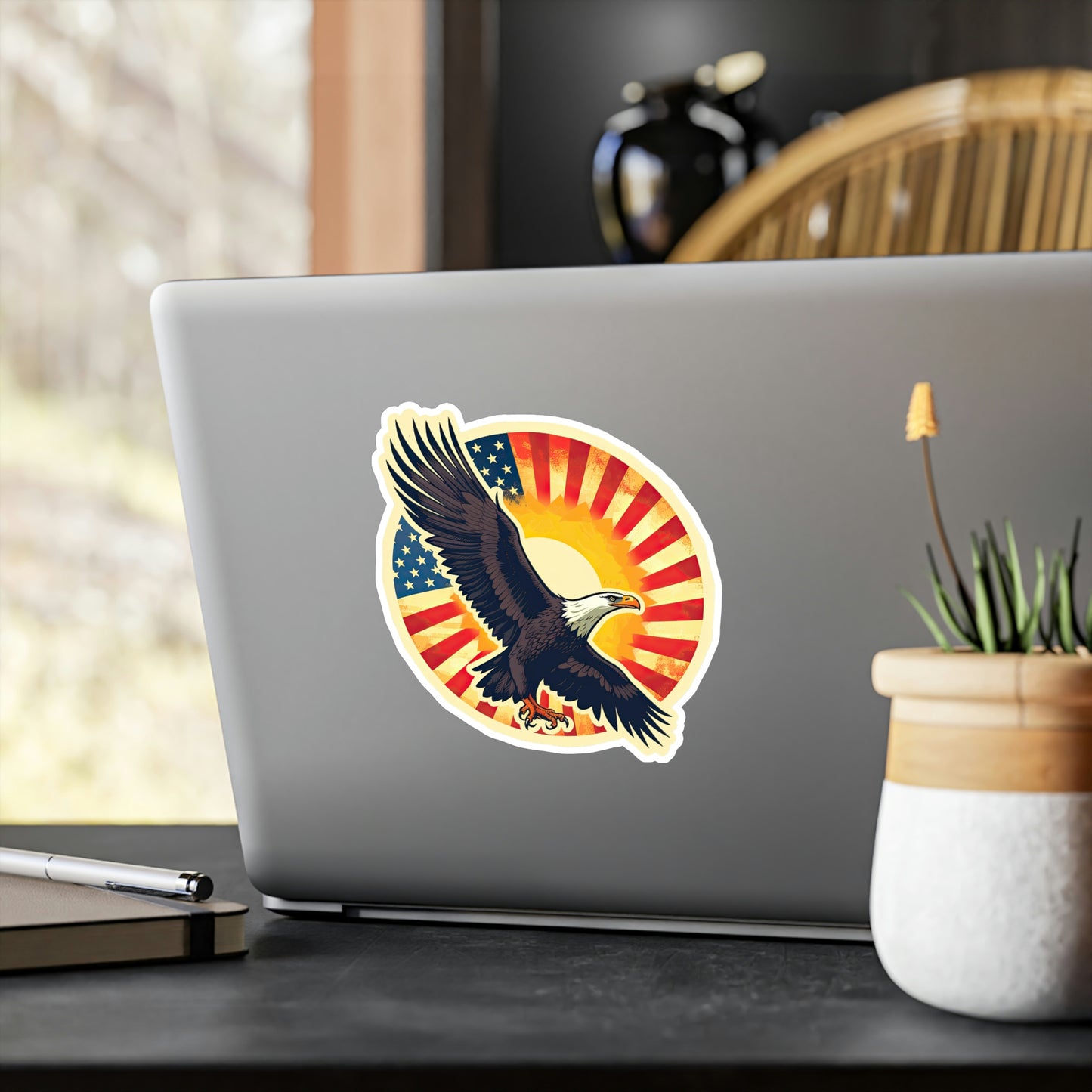 4th of July Sticker: Patriotic American Flag with Majestic Bald Eagle Kiss-Cut Vinyl Decal