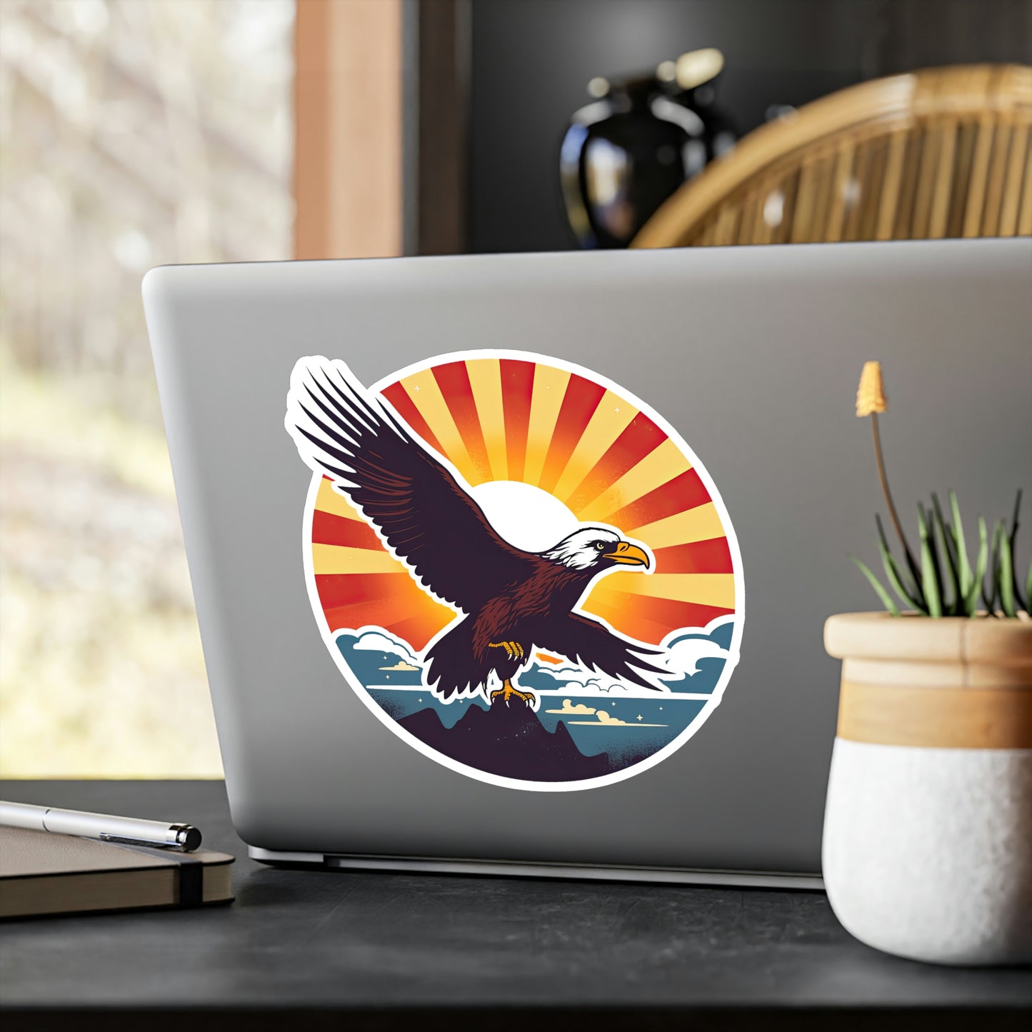 4th of July Sticker: Patriotic American Flag with Majestic Bald Eagle Kiss-Cut Vinyl Decal