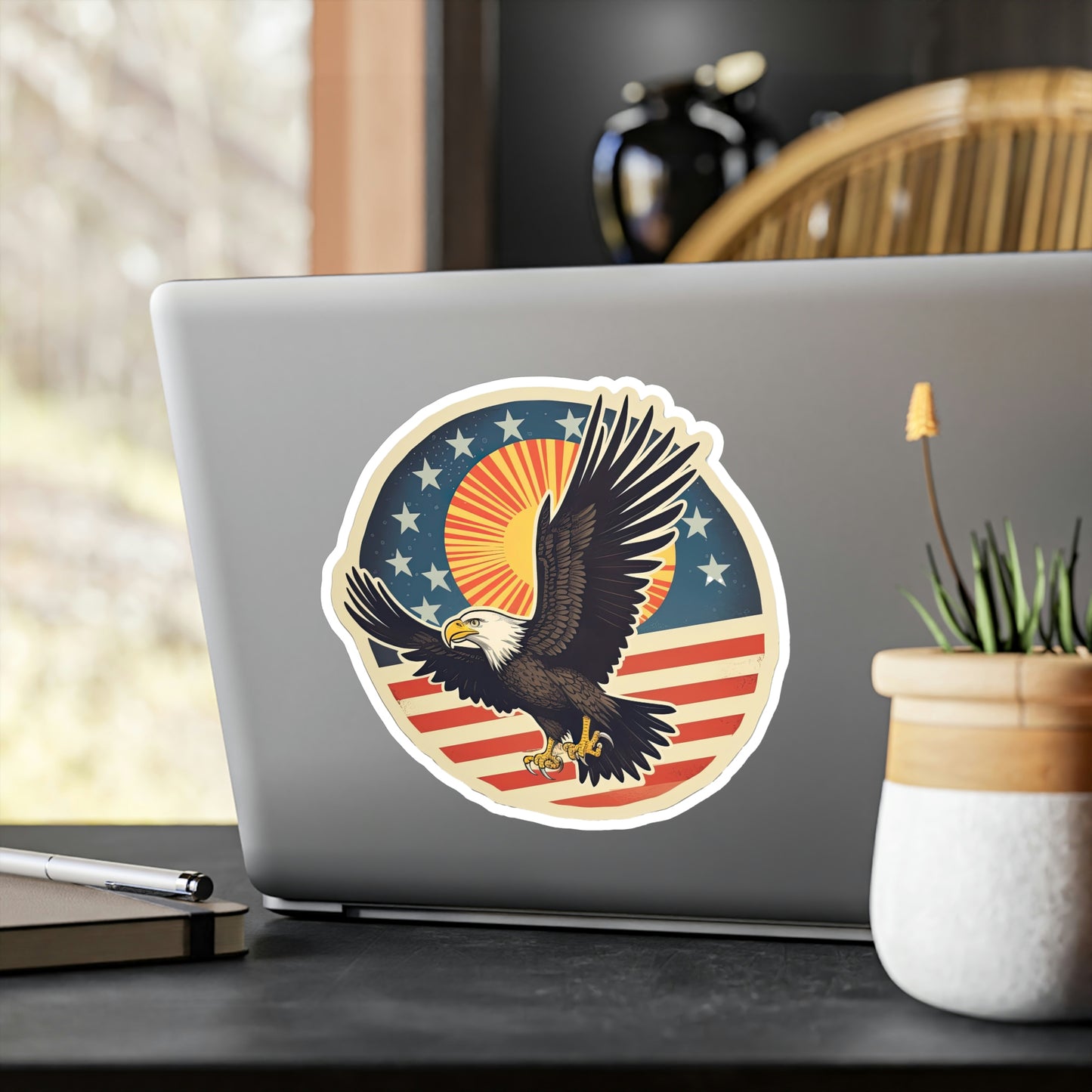 4th of July Sticker: Patriotic American Flag with Majestic Bald Eagle Kiss-Cut Vinyl Decal