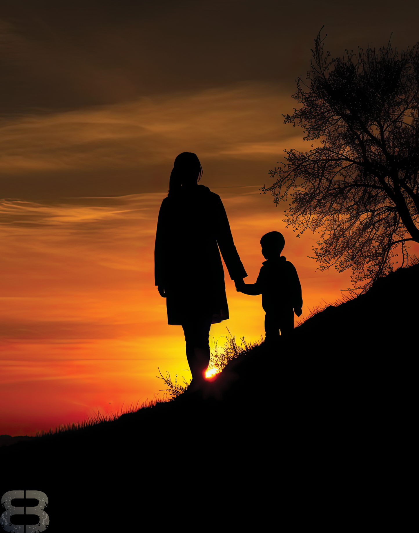 Mother and Son Sunset Silhouette Digital Download - Heartwarming Wall Art Instant Print, Multiple Ratios, High-Quality PNG Format